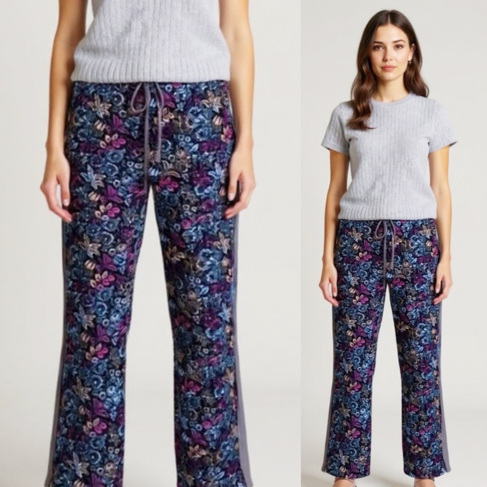 Daily Practice by Anthropologie Floral Velvet Track Pants Blue Motif Size XS